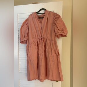 Peach, Short Sleeve, Ruffle Neck, Shirt Dress